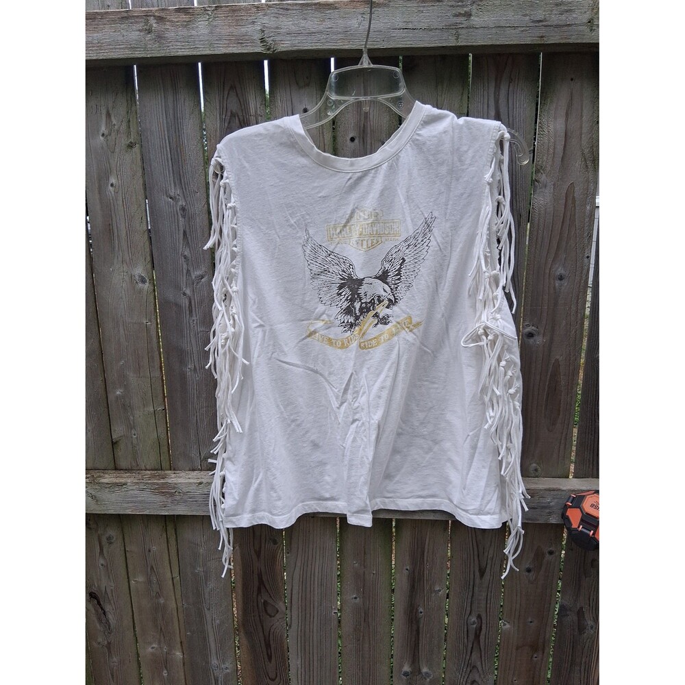 049 Harley Davidson Fringed T-Shirt Bar & Shield XL Women's White Distressed